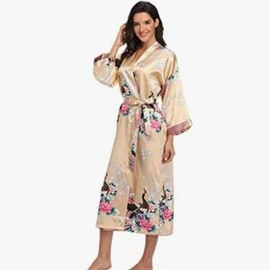 New Elegant Floral Satin Kimono Robe One Size Peacock & Peony Flowers Silky Feel
